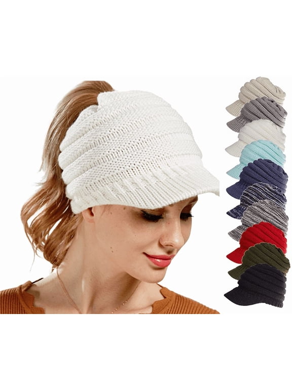 Women's Knitted Beanies High Bun Ponytail Skull Hat Elastic Winter Thick Warm Visor Crochet Hat