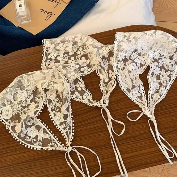 Yoyauz Women's Lace Headscarf Vintage Bandana Headband Tassel White Hair Scarf Headband 20th Century 50s Head Cover Triangle Vintage Bandana Daisy Crochet Needle Tie with Handkerchief Women's Headband