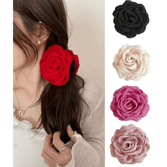 Yoyauz Women's Rose Claw Clip 2 Pack Large Hawaiian Rose Hair Clip Floral Hair Clip Ladies Girls Thin Hair Bloom Rose Claw Clip Non-slip Strong Styling for Thick Hair