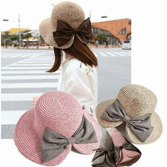 Yoyauz Women's Straw Sun Hats With Bows, Foldable Wide-brim Beach Hats, Adjustable Summer UV Caps