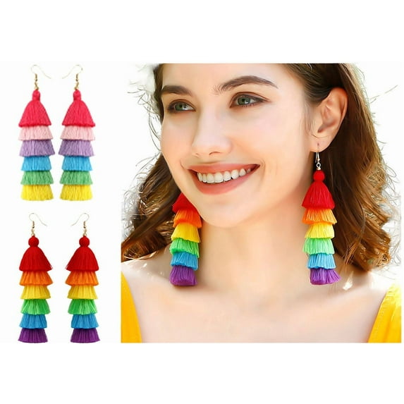 Yoyauz Women's Tassel Earrings Pendants, Colorful Layered Pendant Earrings Bohemian Long Tassels Handmade Wool Thread Earrings For Girly Gifts