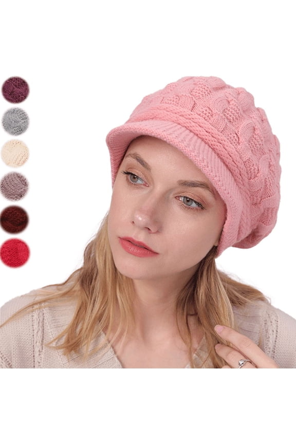 Women's Winter Knit Hats, Winter Brim, Beanies, Women's Casual Beanies, with Sunhat, Warm Newsboy Skull Hat
