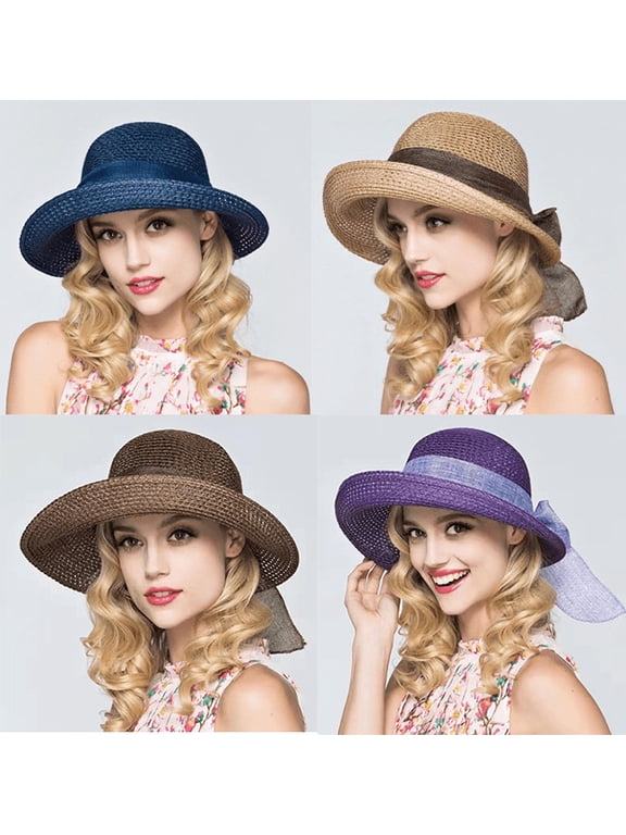 Womens Wide Brim Sun Hat with Bow, Foldable Summer Straw Sun Hats for Women