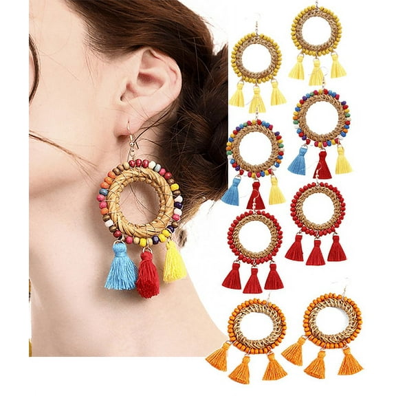 Yoyzuz Bohemian-style Woven Tassel Earrings Made Of Rattan Cotton Tassels And Alloy