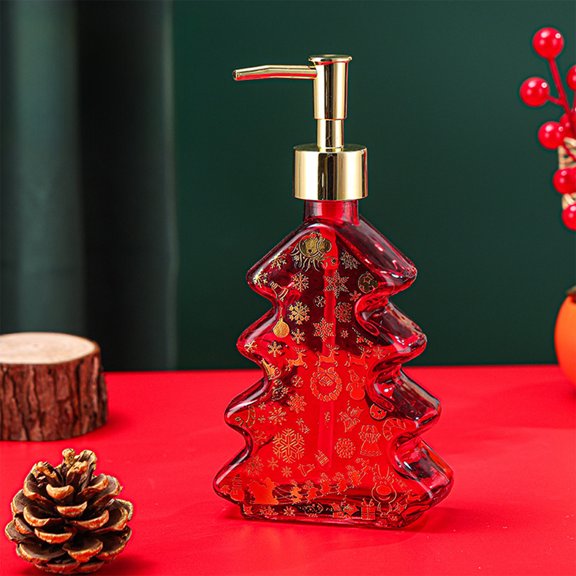 Yoziaaoa 3 Pcs Festive Glass Bottle with Christmas Tree Pattern, Push Type Lotion Dispenser for Bathroom, Hotel Style Shampoo Gel Container for Holiday Season(Red)
