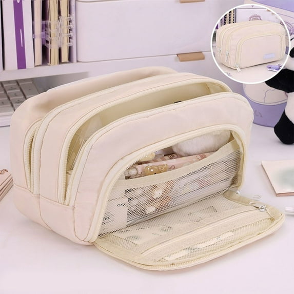 Yoziaaoa 3 Pcs Spacious Zippered Pencil Case with Multiple Compartments, Large Capacity Organizer for Stationery Office Supplies, 8.66x4.72x3.54in(Beige)