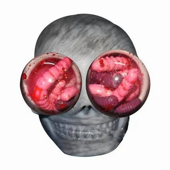 Yoziaaoa 4 Pcs Eerie Pop Out Eyeball Skull Stress Relief Novelty Item with Realistic Maggot Details, 3.15x2.75in(Multi-color)