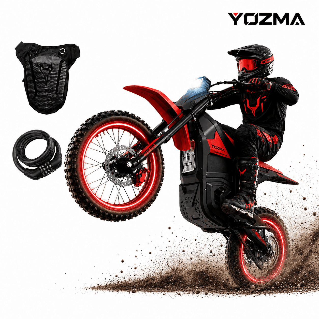 Yozma IN10 2600W Electric Dirt Bike, 40 MPH, 48V 23.4Ah, 53-Mile Range, Bike Lock Bundle, Red