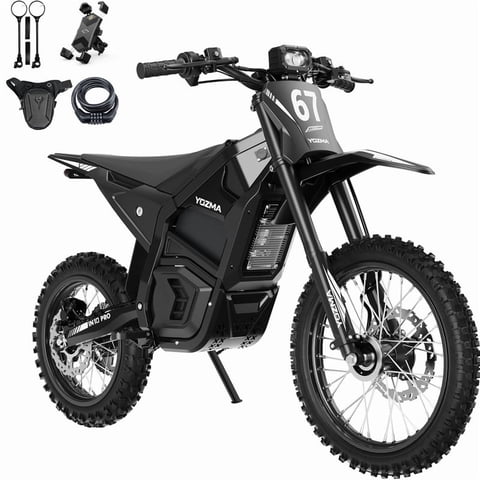 Yozma IN10 PRO Electric Dirt Bike, 5500W Peak Motor Max 50 Mph, 60V 27Ah Battery, 17"/14" Tires, Dual Hydraulic Brakes, All Terrain Motorized Dirt Bikes, Black
