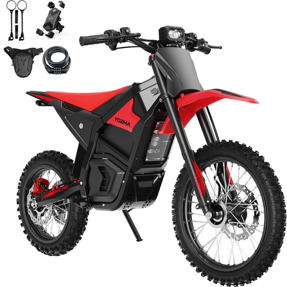 Yozma IN10 PRO Electric Dirt Bike, 5500W Peak Motor Max 50 Mph, 60V 27Ah Battery, 17"/14" Tires, Dual Hydraulic Brakes, All Terrain Motorized Dirt Bikes, Red