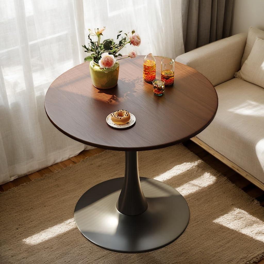 Yozma Walnut Round Dining Table – 24 Inches Modern MDF Top & Steel ...
