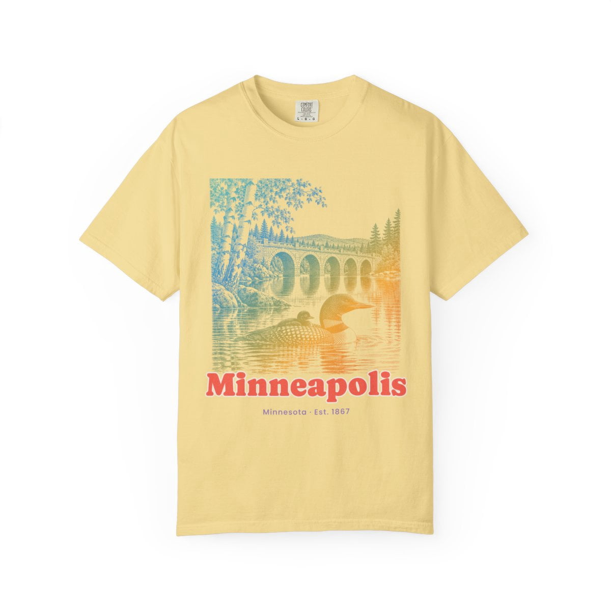 Yrill Minneapolis Loon & Stone Arch Coral Red Lettering Comfort Colors ...