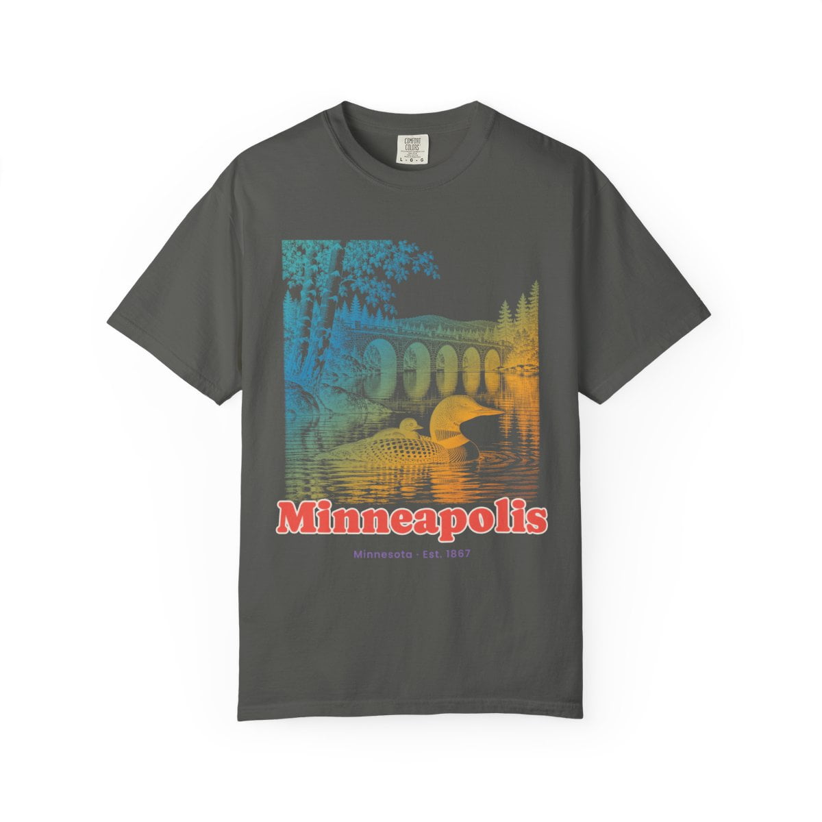 Yrill Minneapolis Loon & Stone Arch Coral Red Lettering Comfort Colors ...