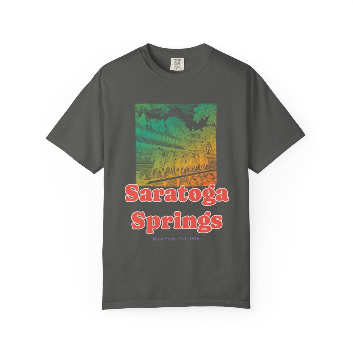 Yrill Saratoga Springs Homestretch Coral Red Lettering Comfort Colors ...