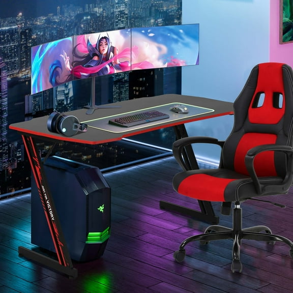 Yrllensdan Z-Shaped Gaming Desks with Headphone Hook and Adjustable Feet Gaming Table Desk, Red