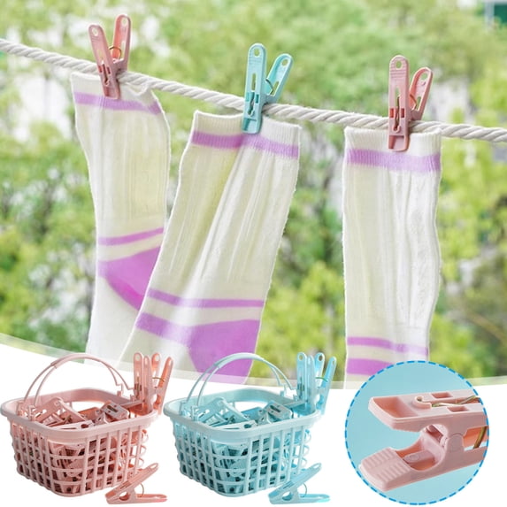 Yrmaups 2Pcs Windproof Clothespins 30 Pack, Plastic Laundry Clips for Underwear Socks Quilt, Durable Clothes Drying Pins with Storage Basket, Garment Clips for Indoor Outdoor Hanging and Drying