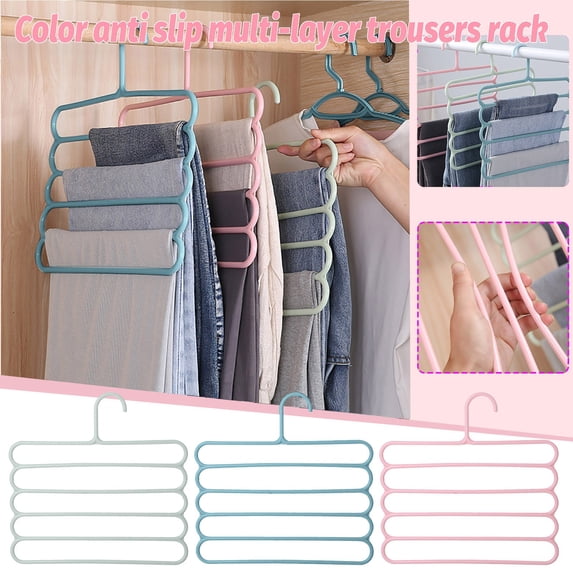 Yrmaups 3Pcs 5-Layer Pants Hangers, Non-Slip Multi-Functional Trouser Rack, 5-Tier Hanging Organizer for Closet Wardrobe, Scarf Tie Hanger for Silk Scarves and Neckties