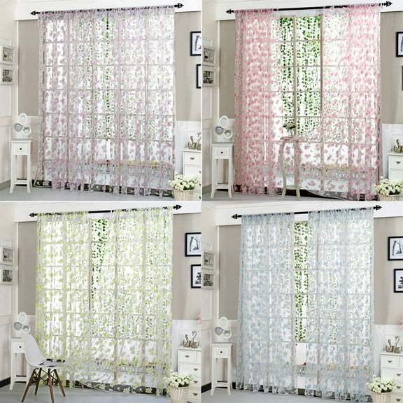 Yrmaups 4Pcs Flower Sheer Curtains, Modern Voile Drape Valance Panel, Leaf and Floral Pattern Window Curtain Fabric for Living Room and Bedroom, Washable Voile Curtain Filter Daylight