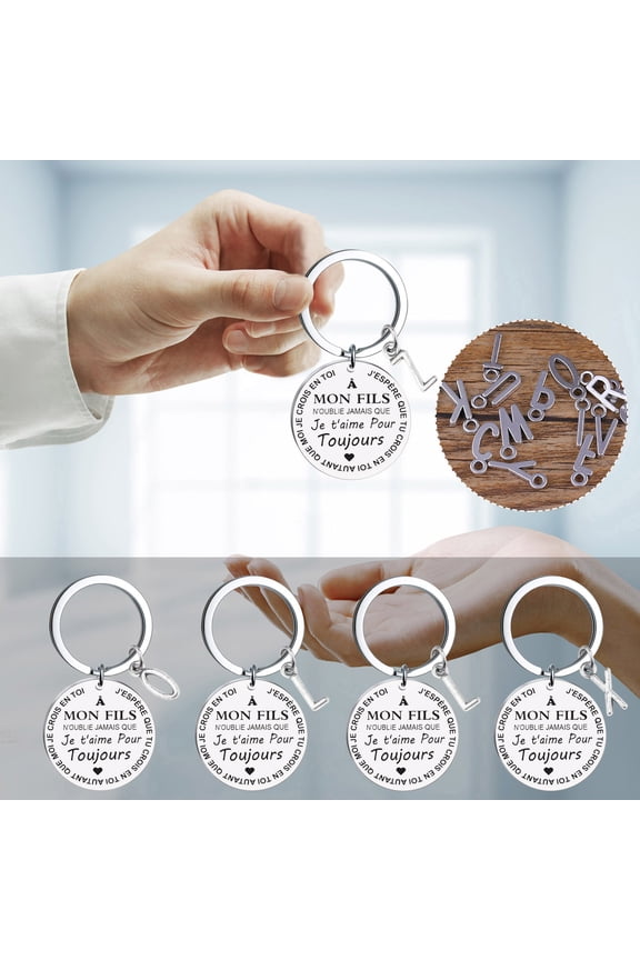 9Pcs Mon Fils Keychain, DIY To My Son Stainless Steel Last Name 26 Letter Keychain, Personalized French Letter Keychain for MenBoys, Customized Gift for Son Father Dad, Engraved Initial Key