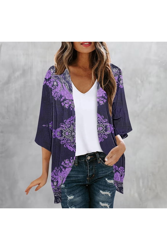 Boho Floral Print 3/4 Sleeve Cardigan for Women, Plus Size V Neck Embroidery Casual Top, Soft Lightweight Layer for Beach Hustle Daily Wear, Multicolor S