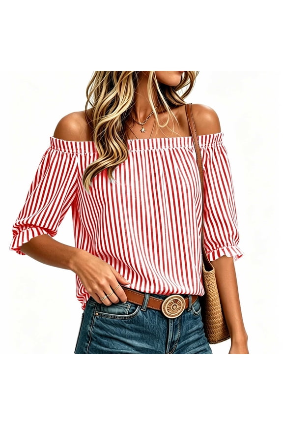 Boho Off Shoulder Short Sleeve Top for Women, Plus Size Striped Ruffle Pullover, Lightweight Casual Blouse for Summer Beach Vacation Daily Wear, Red XL