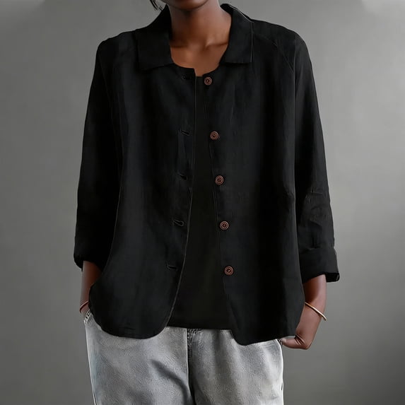 Yrmaups Casual Button Down Blouse for Women, 3/4 Sleeve Loose Fit Collared Top, Soft Breathable Cotton Shirt for Office Holiday Travel Daily Wear, Black XL