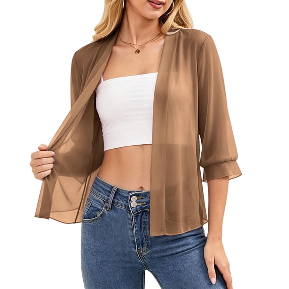 Yrmaups Casual Chiffon 3/4 Sleeve Blazer for Women Plus Size, Open Front Solid Lightweight Cover Up, Soft Breathable Summer Office Vacation Beach Outfit, Khaki 2XL