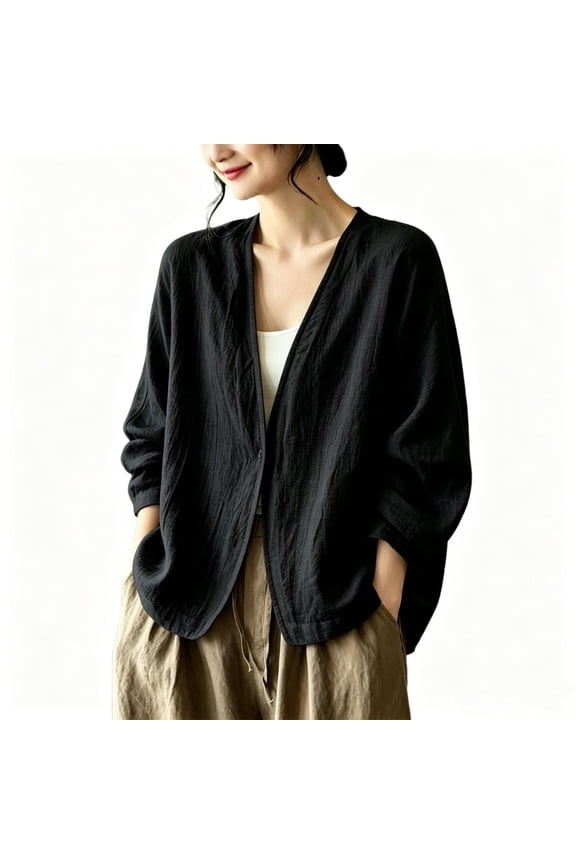 Casual Long Sleeve V Neck Open Front Blazer, Women Loose Fit Fall Basic Shirt, Soft Lightweight Layering Top for Home Office, Black 2XL