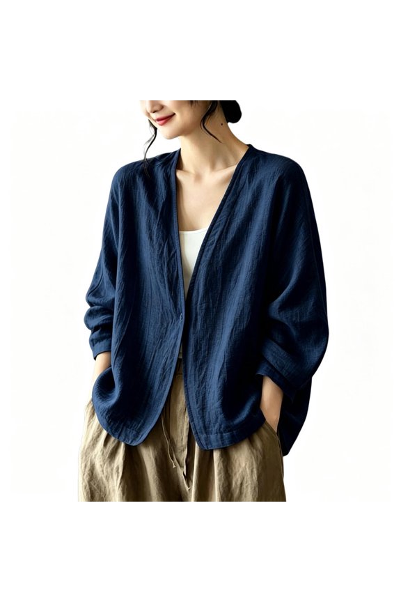 Casual Long Sleeve V Neck Open Front Blazer, Women Loose Fit Fall Basic Shirt, Soft Lightweight Layering Top for Home Office, Navy L