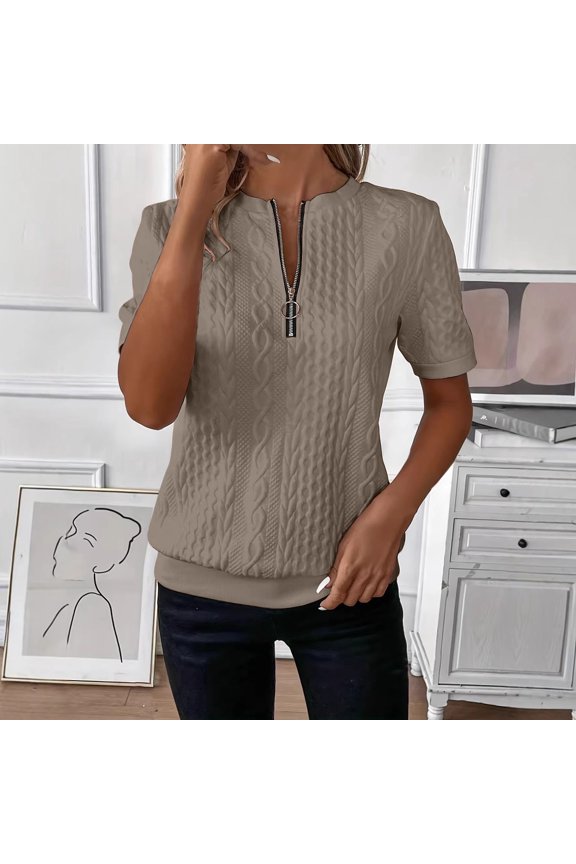 Casual Short Sleeve Zipper Knit Top for Women, Round Neck Slim Pullover Tshirt, Soft Cozy Layering Piece for Fall Winter Daily Wear, Khaki S