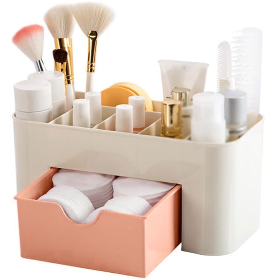 Yrmaups Desktop Cosmetic Organizer, Plastic Storage Box with Small Drawer, Multifunctional Desk Organizer for Makeup Jewelry and Office Supplies, Portable Desktop Organizer for Bedroom Bathroom and