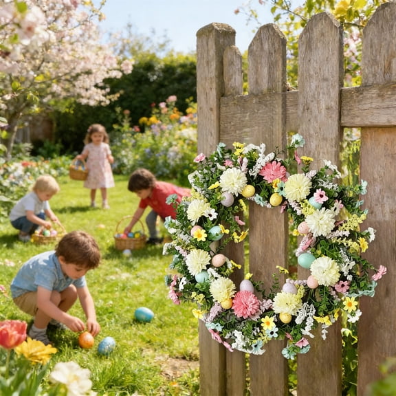 Yrmaups Easter Egg Wreath 20 Inch, Spring Themed Decoration with Berries Leaves, Holiday Front Door Wreath, Colorful Egg Arrangement, Seasonal Wall Hanging