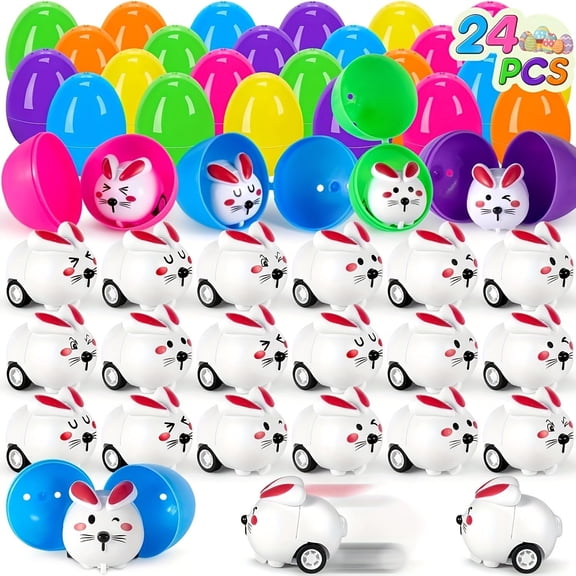 Yrmaups Easter Eggs with Cars, 24 Pack Surprise Eggs with Pull Back Bunny Cars,kidsParty Favor Toy, Egg Hunt Game, Easter Basket Stuffer, Toy Set