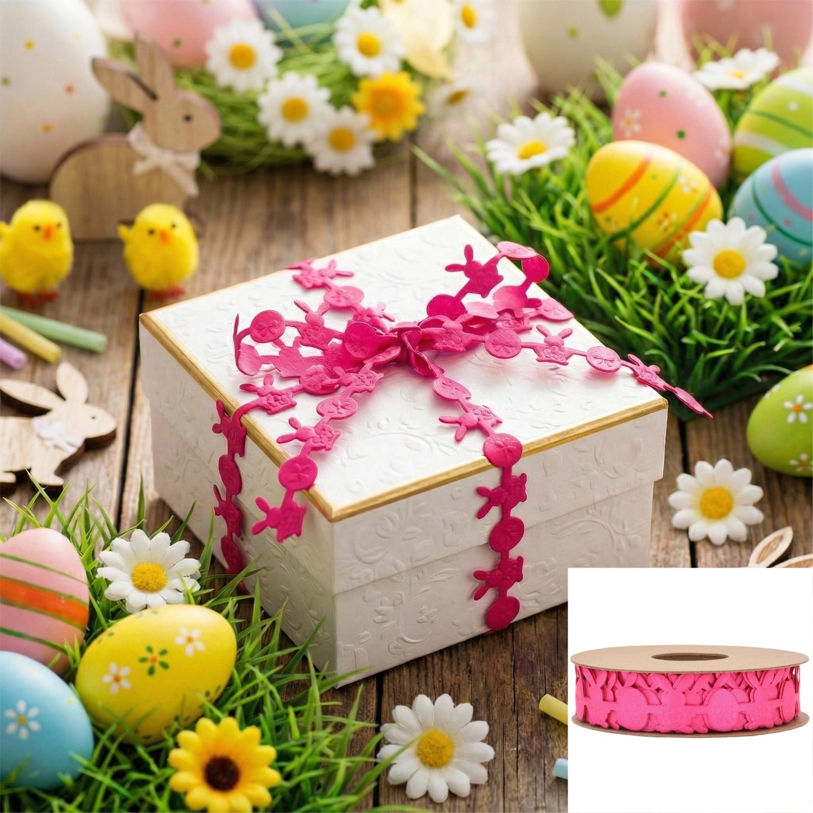 Yrmaups Easter Ribbon with Carrot Rabbits Colored Eggs, 10m Polyester ...