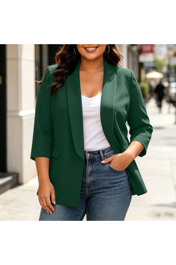 Fall Collared 3/4 Sleeve Button Down Blazer for Women, Open Front Casual Plus Size Jacket, Lightweight Solid Business Work Layering Piece, Green 2XL