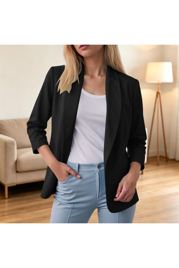 Fall Open Front Casual Blazer for Women, 3/4 Sleeve Solid Basic Collared Jacket, Soft Lightweight Layering Piece for Office Travel Daily Wear, Black 2XL