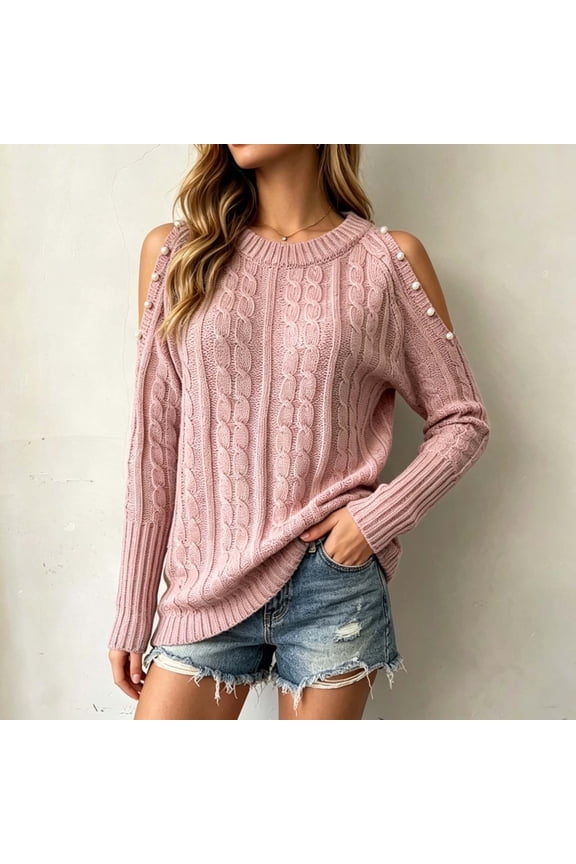 Fall Winter Cold Shoulder Knitted Sweater for Women, Cozy Chunky Daily Wear Pullover Top, Plus Size Soft Stretch Casual Solid Layering Outfit, Pink M