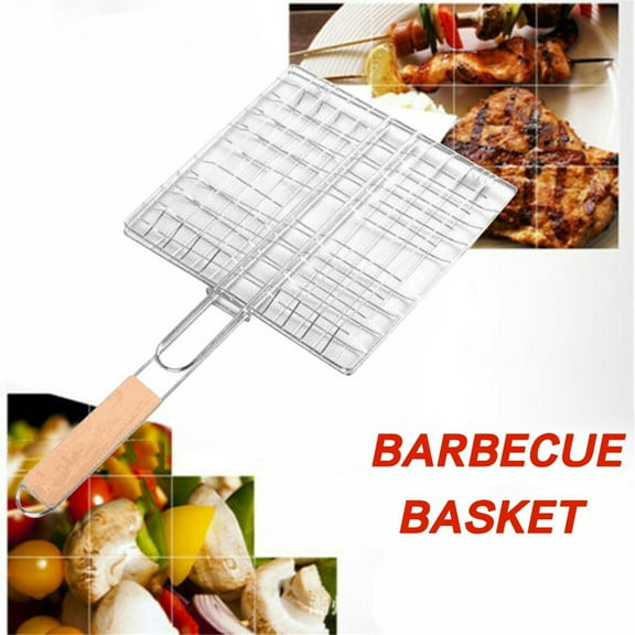 Yrmaups Foldable Barbecue Basket, Portable BBQ Grill Basket for Steak Fish Vegetables, Heavy Duty Iron Grilling Net with Wooden Handle, Non-Stick Easy Clean Grill Basket for Camping Picnic Outdoor