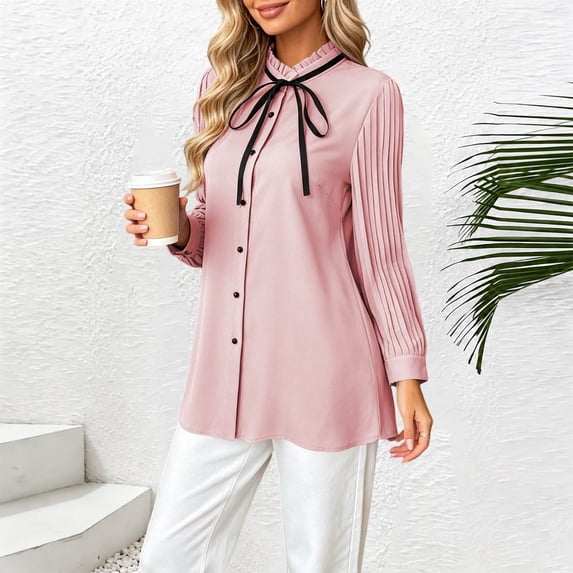 Yrmaups Long Sleeve Button Down Blouse for Women Plus Size, Collared Ruffle Bow Tie Casual Top, Soft Lightweight Fall Winter Office Daily Wear, Pink 5XL
