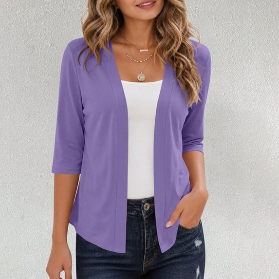 Yrmaups Loose Fit 3/4 Sleeve Blazer Cardigan for Women, Casual Open Front Solid CoverUp, Soft Knit Top for Office Travel Daily Wear Layering, Purple L