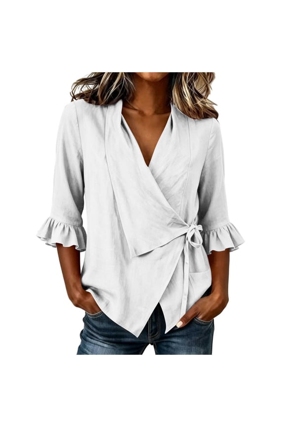 Loose Fit 3/4 Sleeve Blouse for Women, Fall Winter Cotton Linen Ruffle Wrap Tie Front, Office Daily Wear Soft Breathable Boho Casual Top, White 2XL