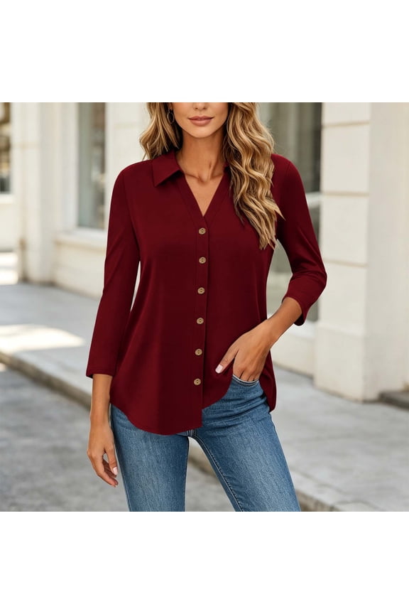 Loose Fit 3/4 Sleeve Button Down Top for Women, Casual Collared Blouse, Soft Curved Hem Tee for Vacation Office Daily Wear, Wine M