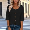 thumbnail image 1 of Yrmaups Loose Fit 3/4 Sleeve T Shirt for Women Plus Size, Casual Round Neck Button Down Blouse, Soft Stretch Basic Tee for Vacation Office Home Daily Wear, Black 3XL, 1 of 6
