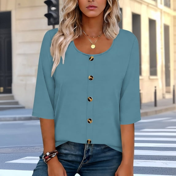 Yrmaups Loose Fit 3/4 Sleeve T Shirt for Women Plus Size, Casual Round Neck Button Down Blouse, Soft Stretch Basic Tee for Vacation Office Home Daily Wear, Navy XL