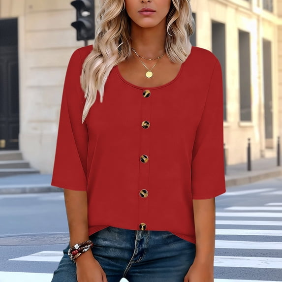 Yrmaups Loose Fit 3/4 Sleeve T Shirt for Women Plus Size, Casual Round Neck Button Down Blouse, Soft Stretch Basic Tee for Vacation Office Home Daily Wear, Red S