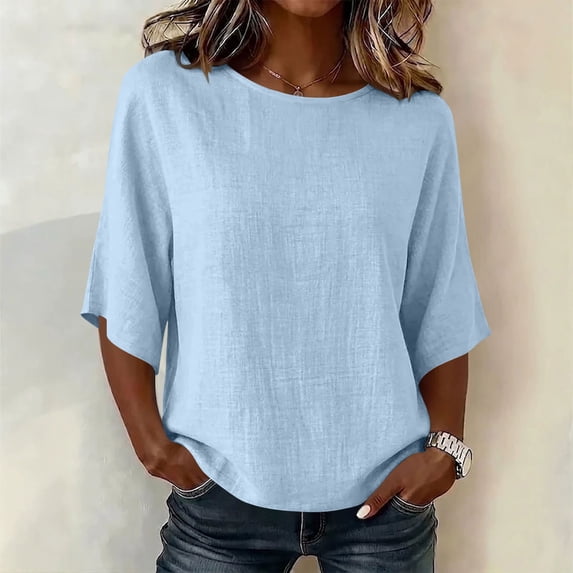 Yrmaups Loose Fit 3/4 Sleeve T Shirt for Women, Casual Round Neck Cotton Tee, Lightweight Soft Basic Top for Office Home Daily Wear, Light Blue M