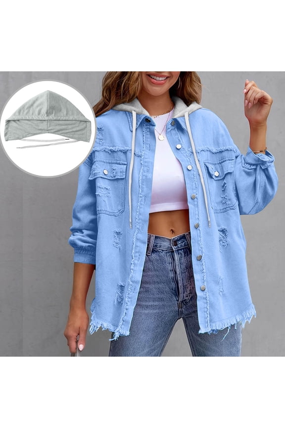 Loose Fit Long Sleeve Hooded Blazer for Women, Casual Open Front Button Down Jacket, Soft Solid Basic Layer for Fall Winter Office Daily Wear, Sky Blue M