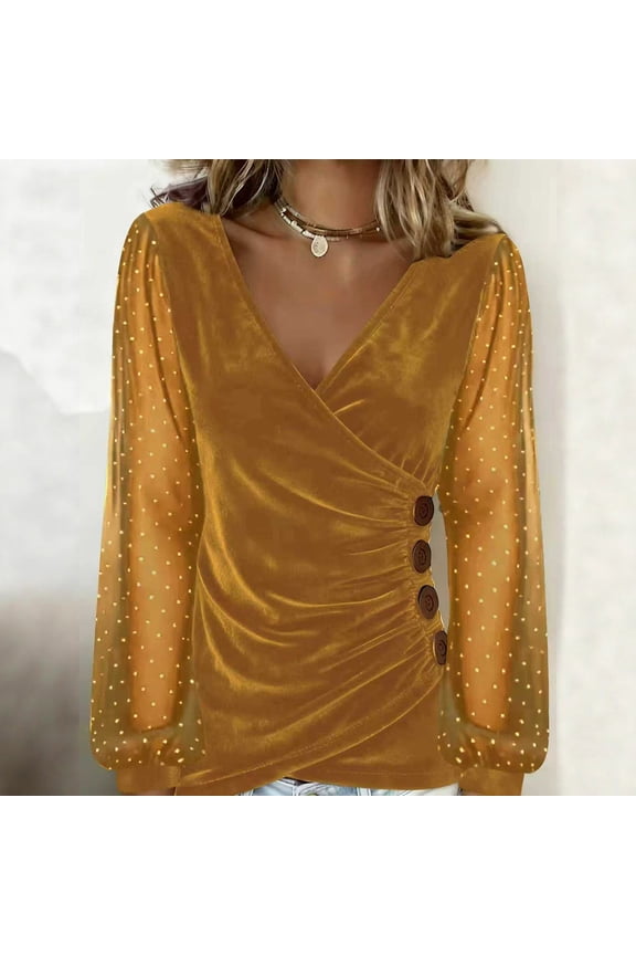 Loose Fit Long Sleeve Pullover Tops for Women Plus Size, Casual Wrap Button Down Blouse, Soft Cozy Ruched Tee for Fall Winter Daily Wear, Gold M