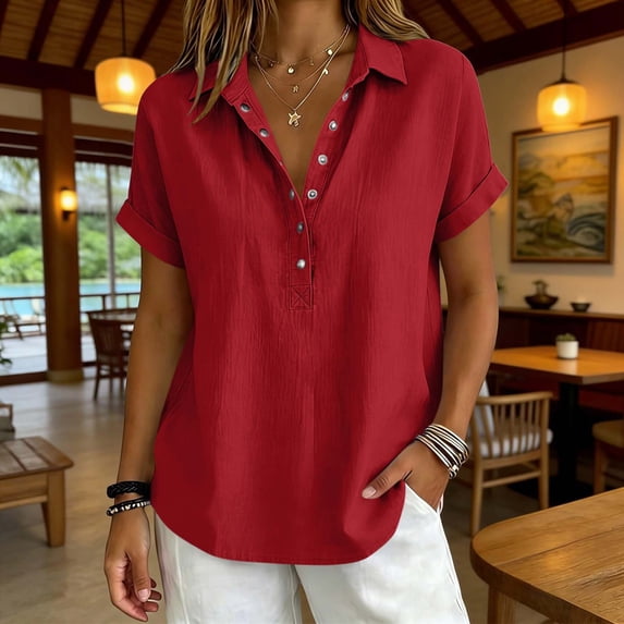 Yrmaups Loose Fit Short Sleeve Blouse for Women Plus Size, Casual Button Down Collared Top, Soft Stretch Tee for Party Office Travel Daily Outfit, Red M
