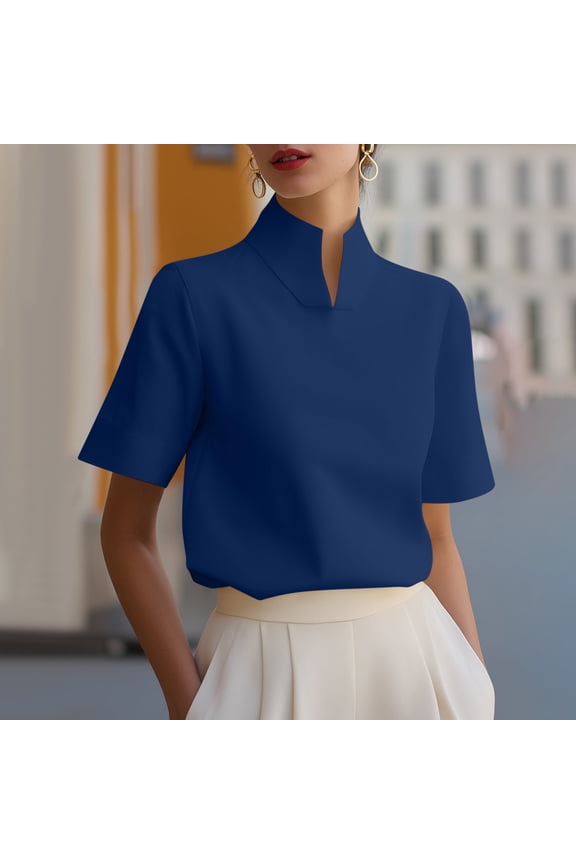 Loose Fit Short Sleeve Blouse for Women Plus Size, Elegant High Neck Top, Soft Stretch Tee for Business Work Office Daily Wear, Navy M